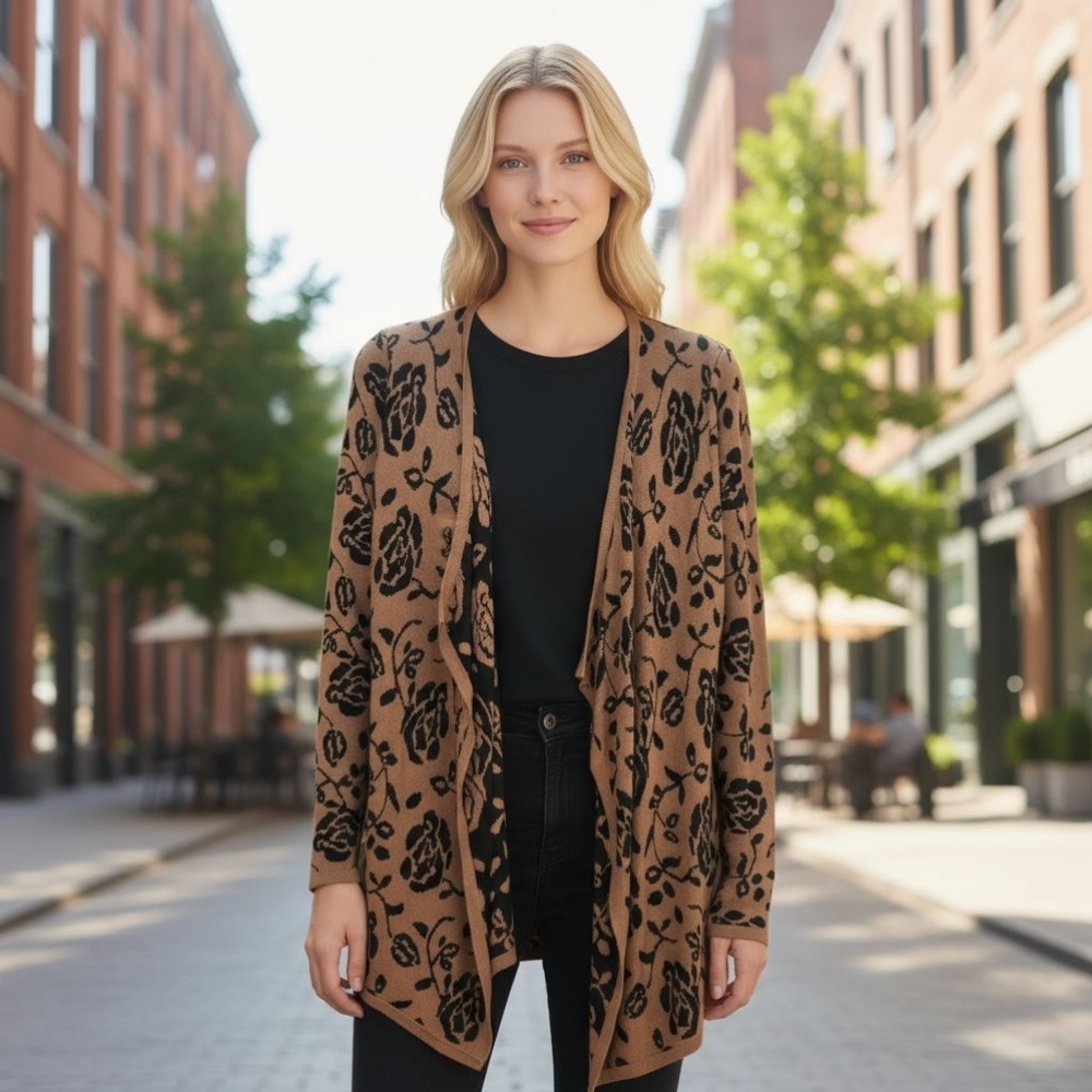 Vintage Faded Glory Fine Knit Cardigan Sweater In  Brown Florals  Matching BELT